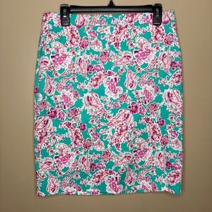 J.Crew Women Sz 8 Pencil Skirt Teal  Paisley Floral Cotton Career Spring